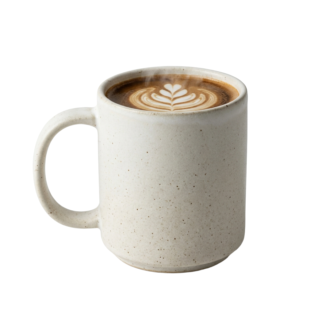 A white mug with a latte art design on it.