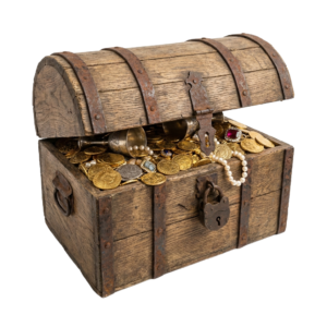 A wooden chest filled with gold coins and pearls.