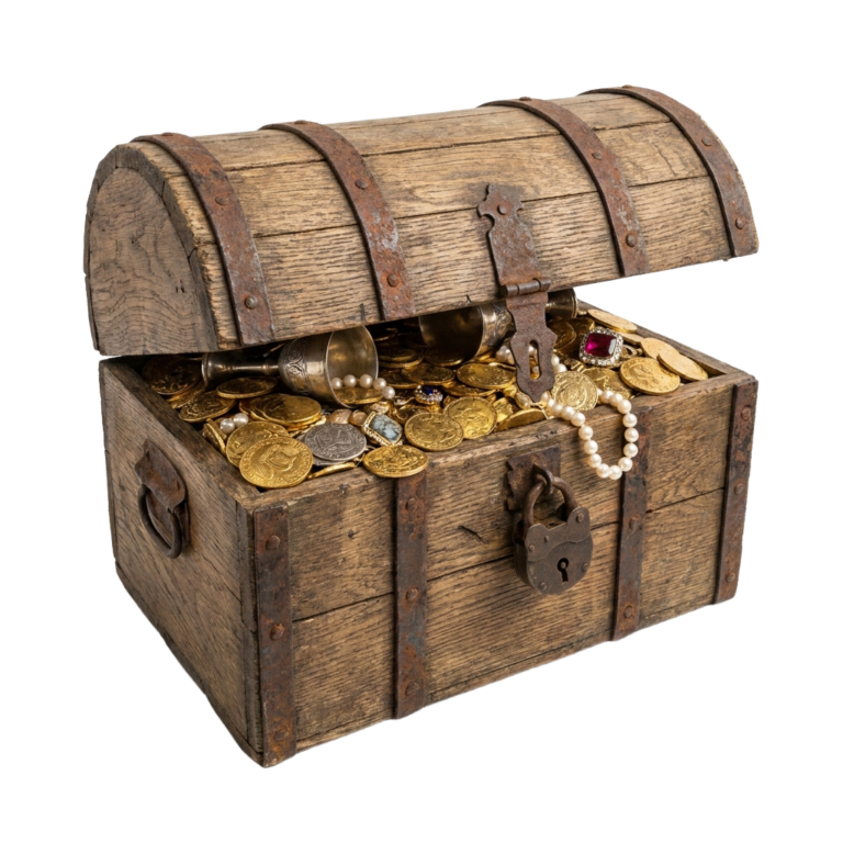 A wooden chest filled with gold coins and pearls.