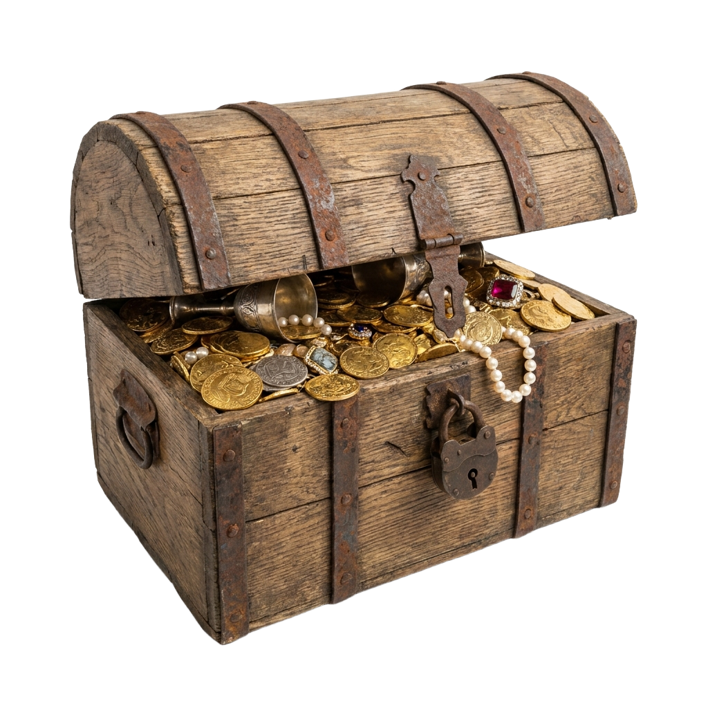 A wooden chest filled with gold coins and pearls.