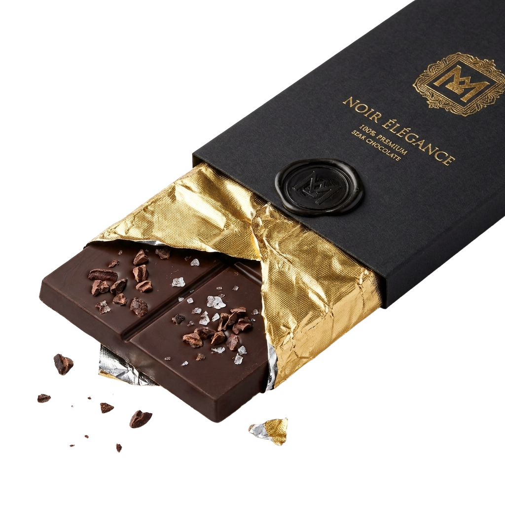 Bar of dark chocolate with a gold foil wrapper. png transparent background