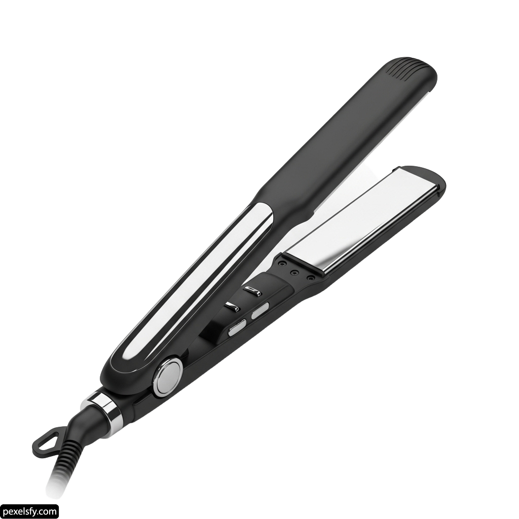 Black and silver hair straightener on a white background png transparent background