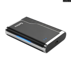 Black and silver power bank with a blue light on it png transparent background