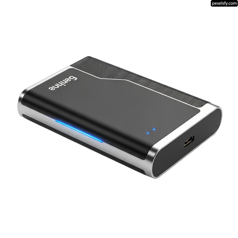 Black and silver power bank with a blue light on it png transparent background