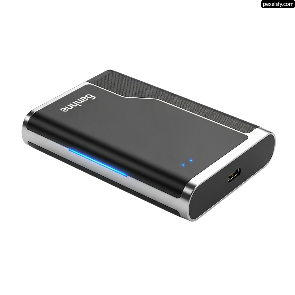 Black and silver power bank with a blue light on it png transparent background