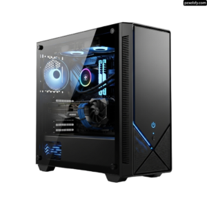 Black computer case with a blue light on it png transparent background