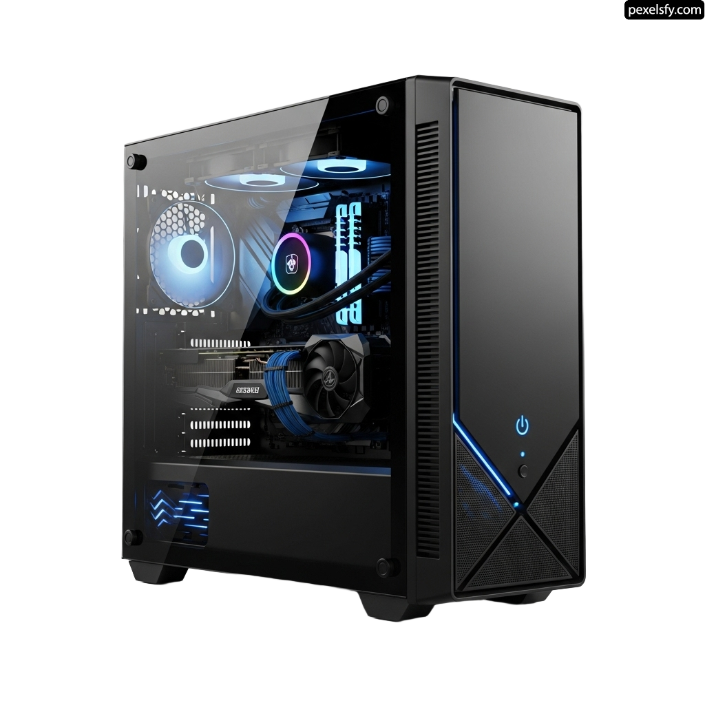 Black computer case with a blue light on it png transparent background