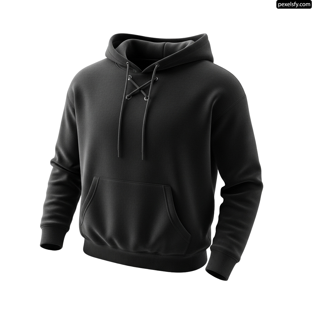 Black hooded sweatshirt with a drawstring on the front png transparent background