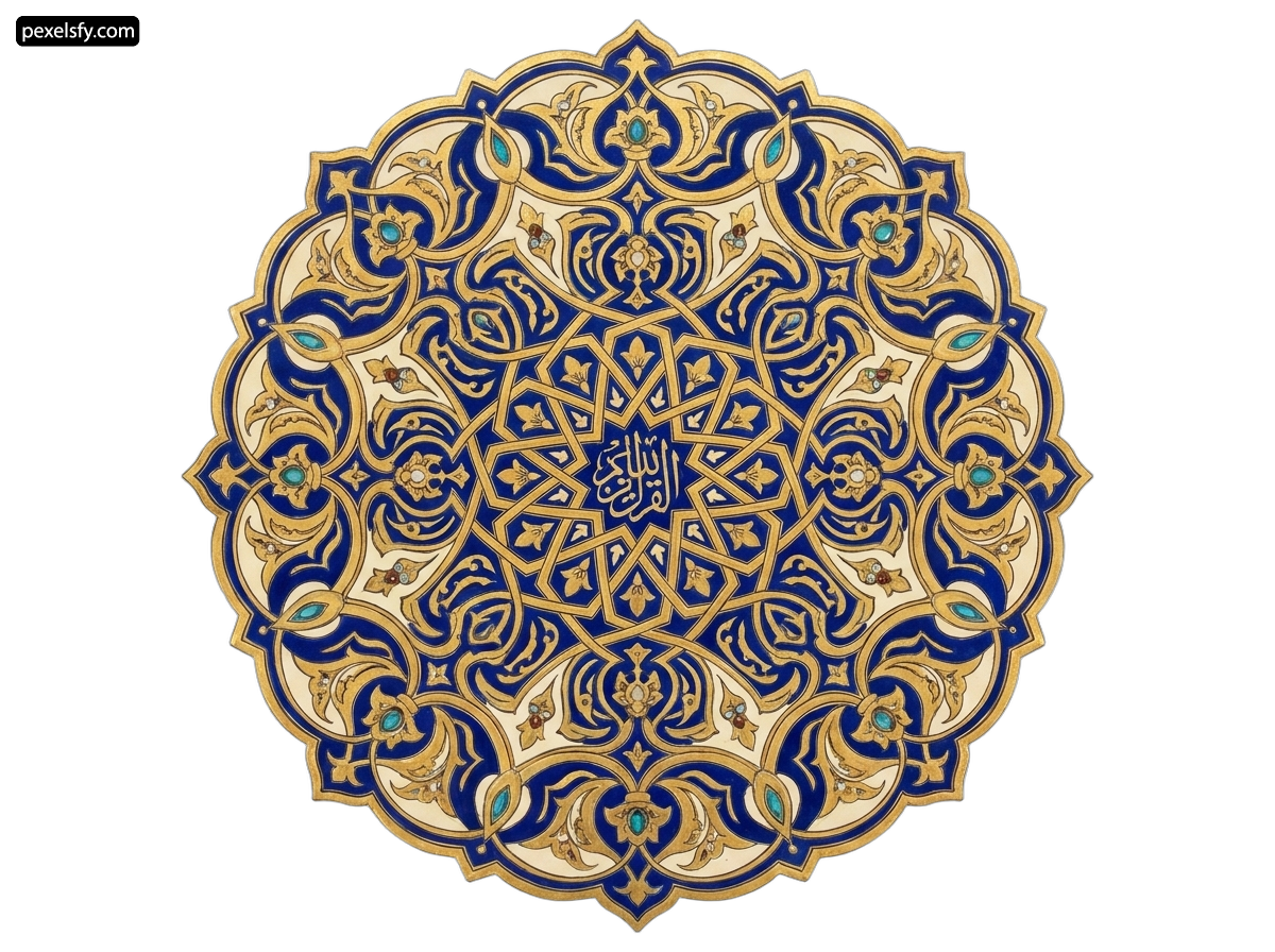 Blue and gold islamic pattern on a white background png transparent background