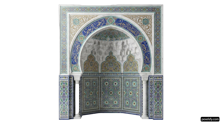 Blue and white tiled archway in a building png transparent background