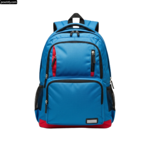 Blue backpack with a red and black stripe on the front png transparent background
