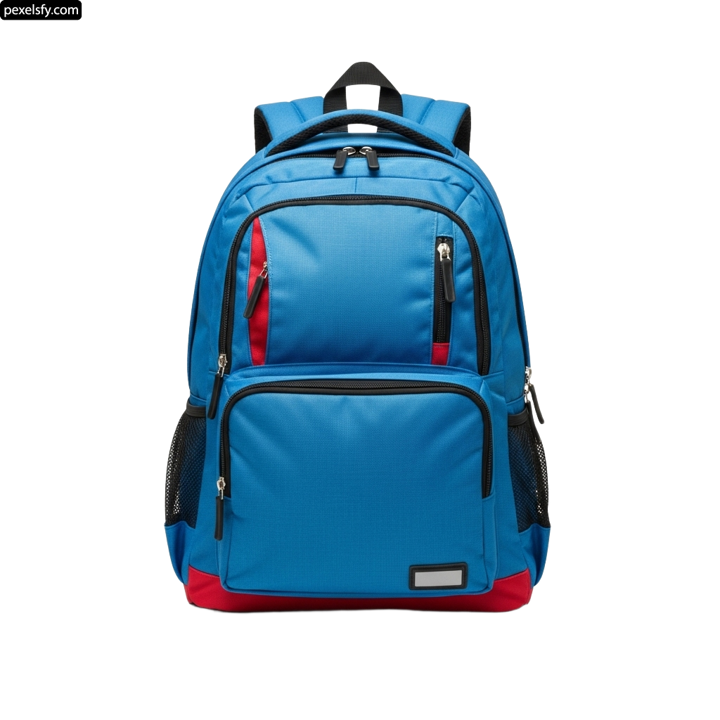 Blue backpack with a red and black stripe on the front png transparent background