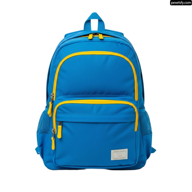 Blue backpack with a yellow zipper on the front png transparent background