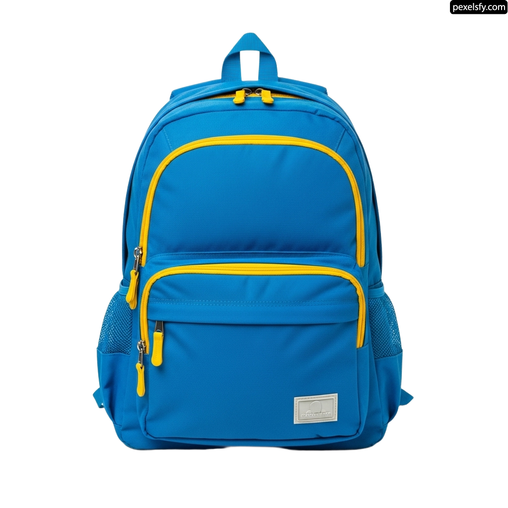 Blue backpack with a yellow zipper on the front png transparent background