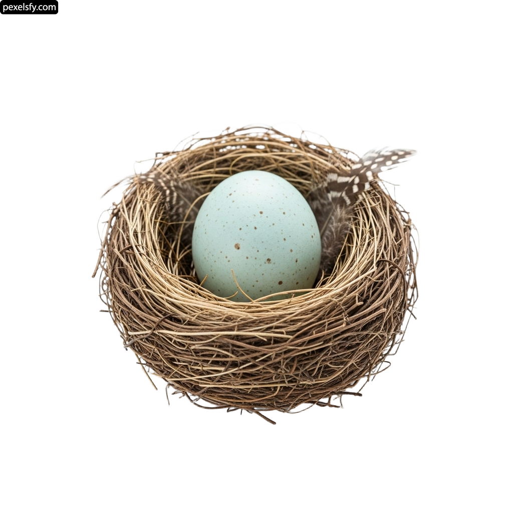 Blue egg in a nest with a feather on top png transparent background