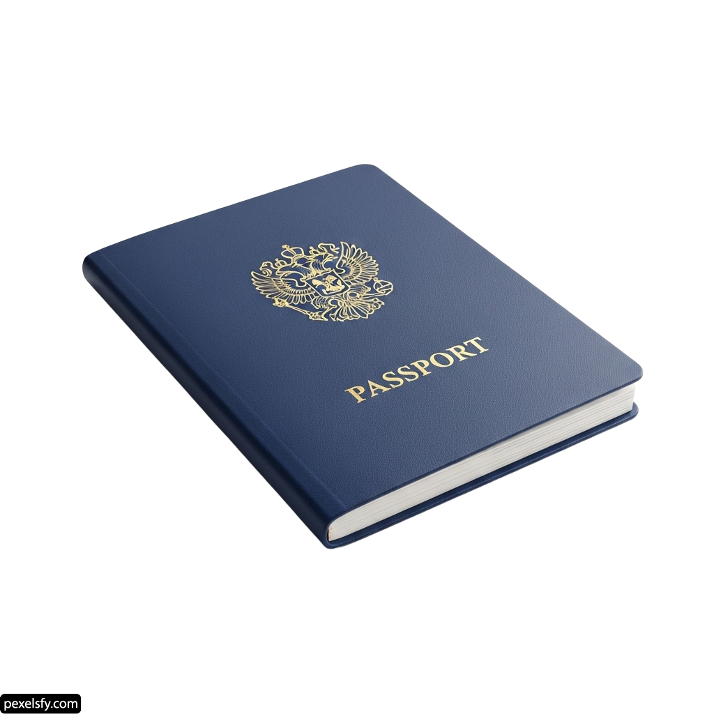 Blue passport with a gold emblem on it png transparent background