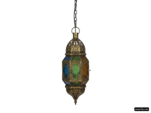 Brass and enamel hanging light fixture on a chain png transparent background