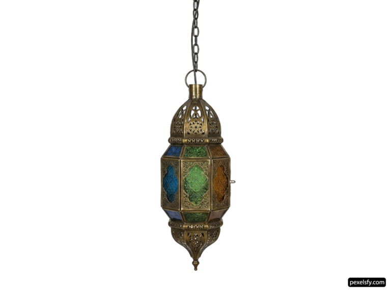 Brass and enamel hanging light fixture on a chain png transparent background