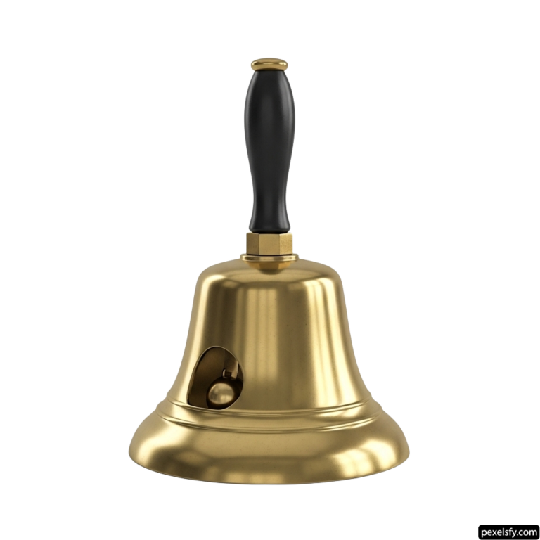 Brass bell with a black handle on a white background png transparent background