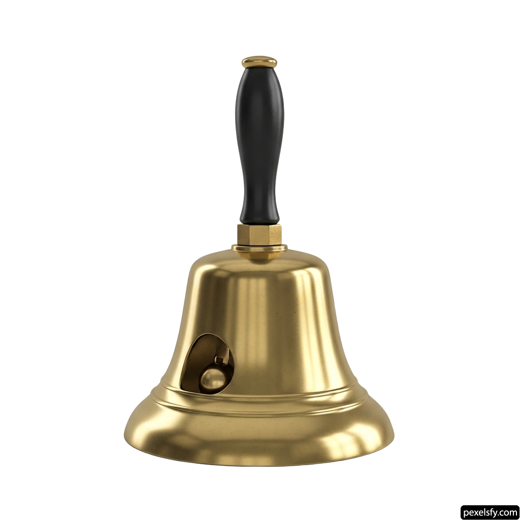 Brass bell with a black handle on a white background png transparent background