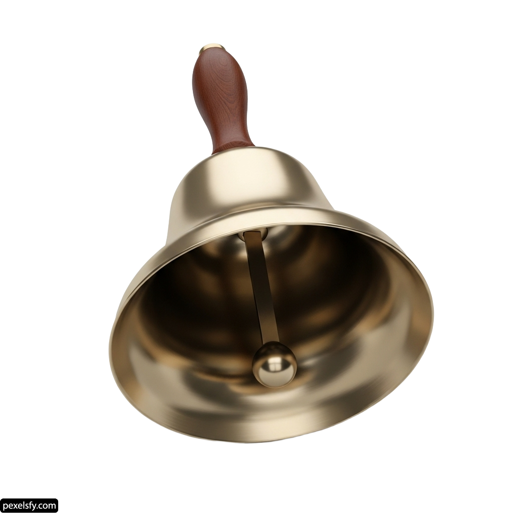 Brass bell with a wooden handle on a white background png transparent background