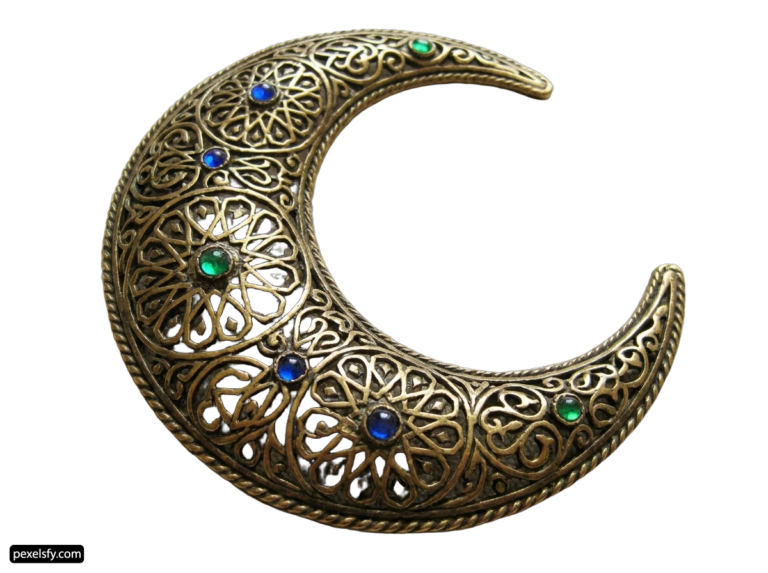 Brass crescent shaped brooch with blue and green stones png transparent background