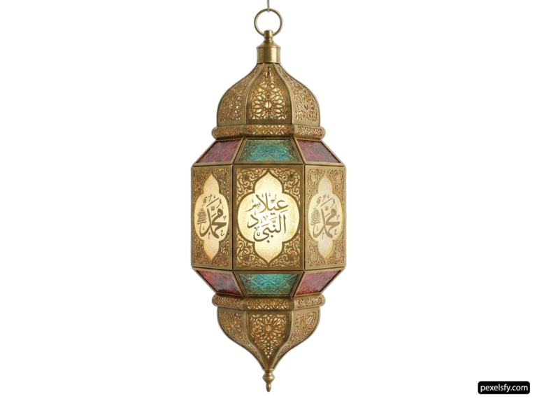 Brass hanging lamp with arabic calligraphy on it png transparent background