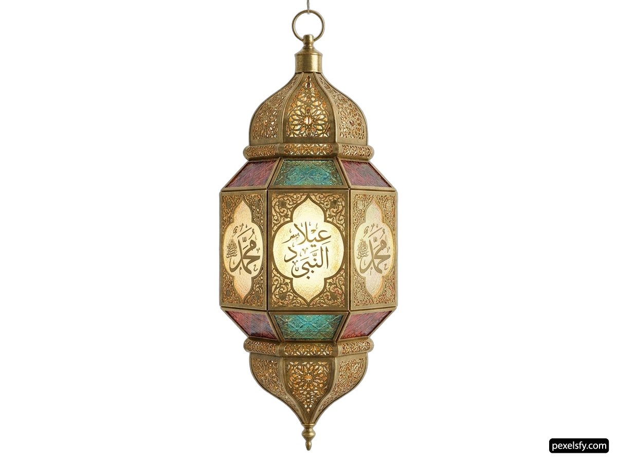 Brass hanging lamp with arabic calligraphy on it png transparent background