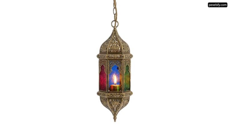 Brass lantern with a lit candle hanging from it png transparent background