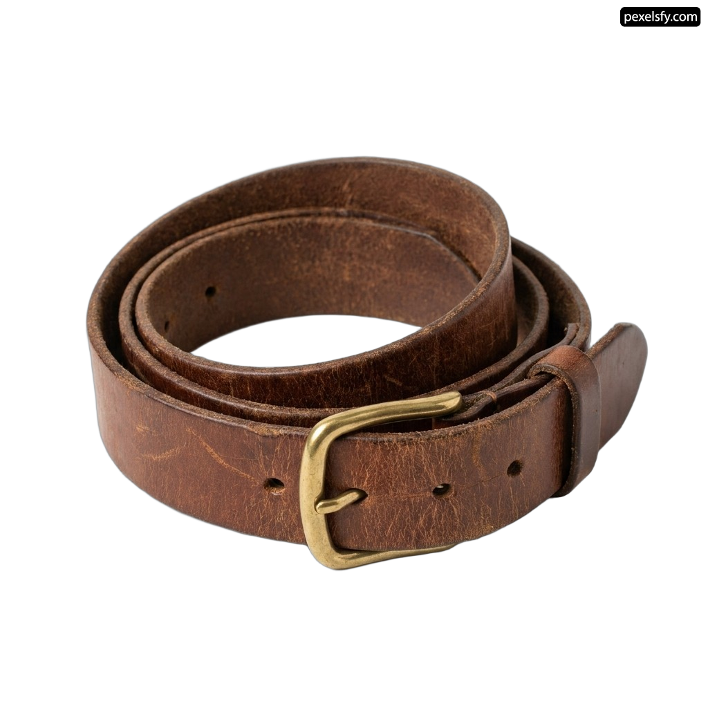 Brown leather belt with a brass buckle png transparent background