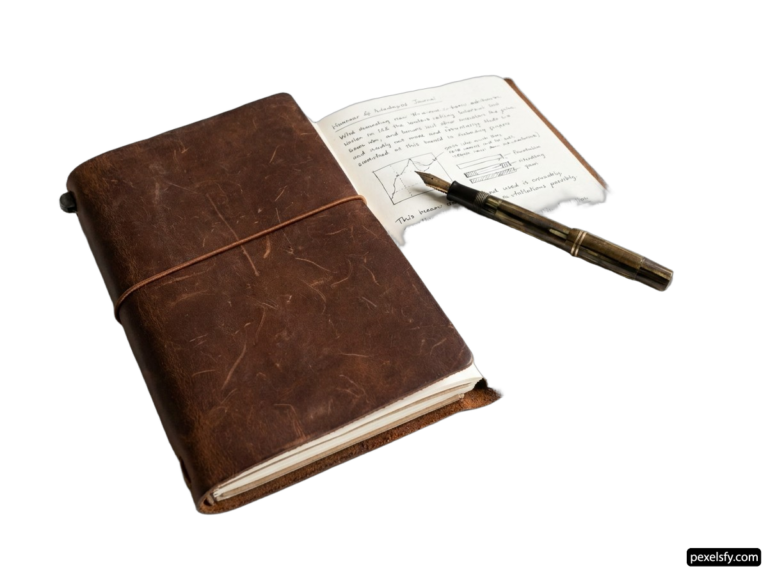 Brown leather journal with a pen on top of it png transparent background