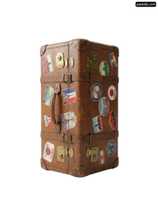 Brown suitcase with a bunch of stickers on it png transparent background