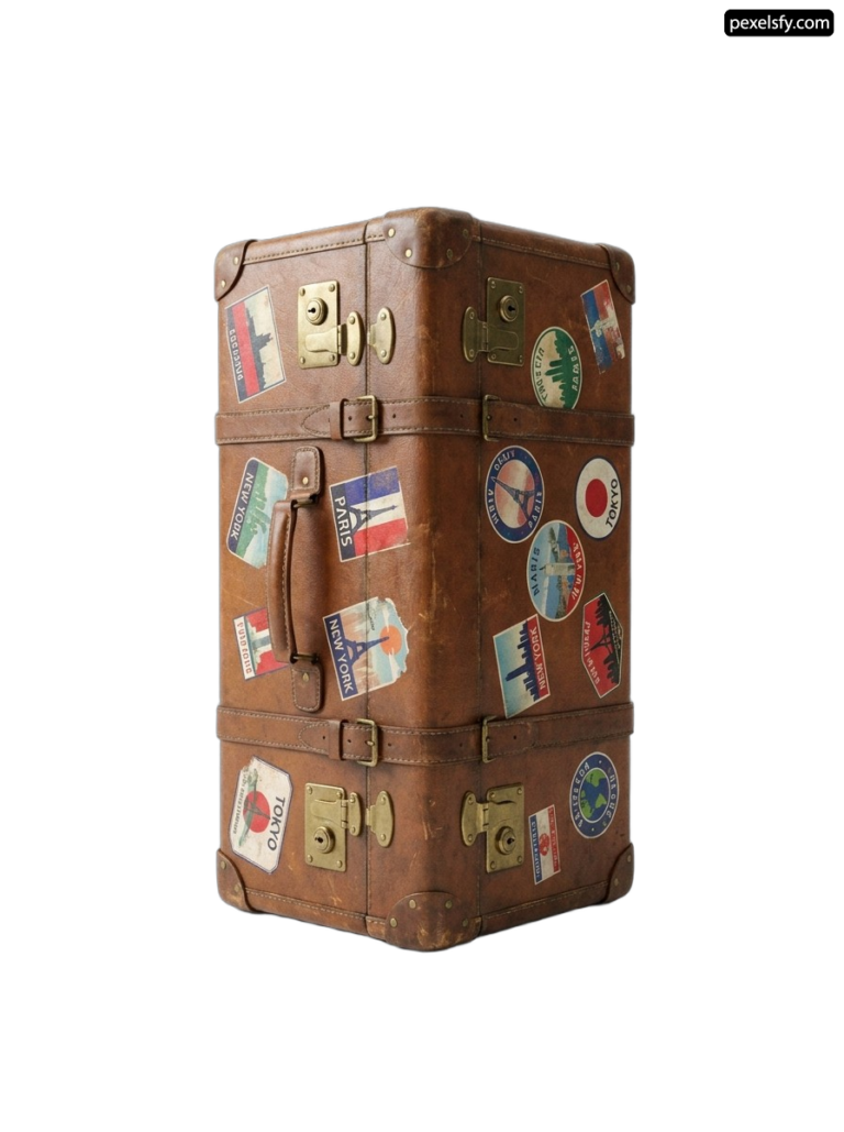 Brown suitcase with a bunch of stickers on it png transparent background