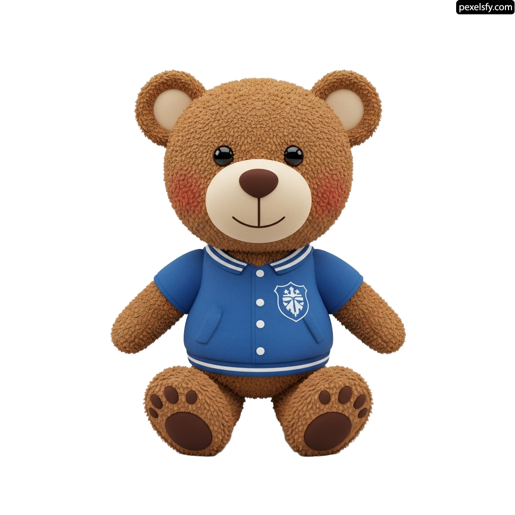 Brown teddy bear wearing a blue shirt png transparent background