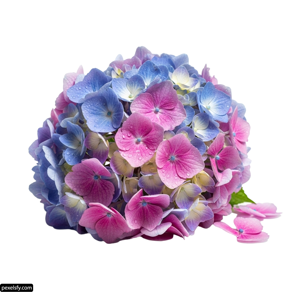 Bunch of blue and pink flowers with water droplets on them png transparent background