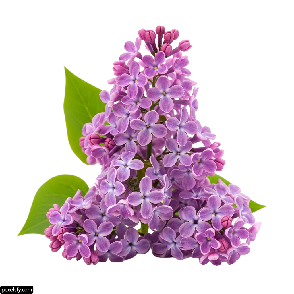 Bunch of purple lilac flowers with green leaves png transparent background