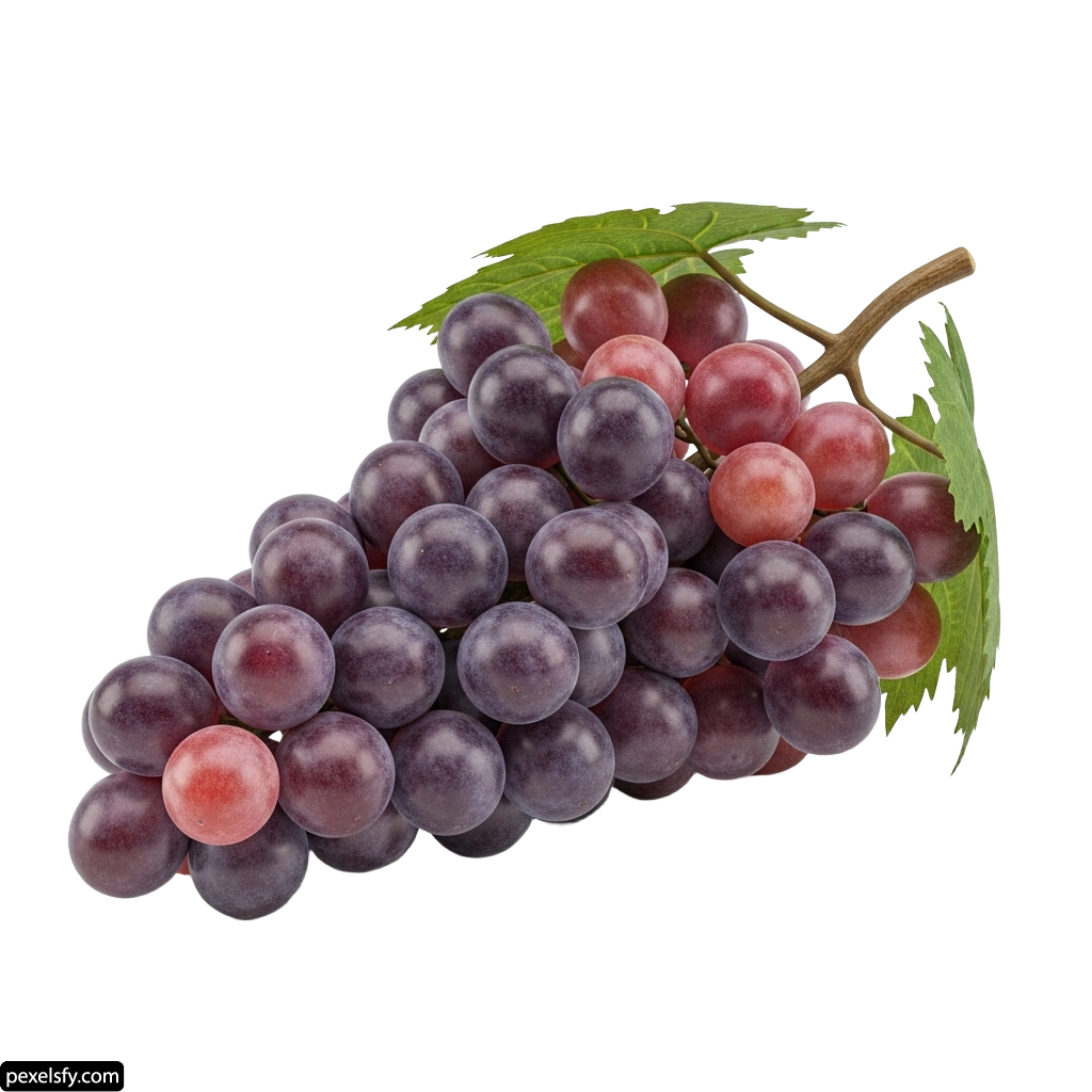 Bunch of red grapes with green leaves on a white background png transparent background