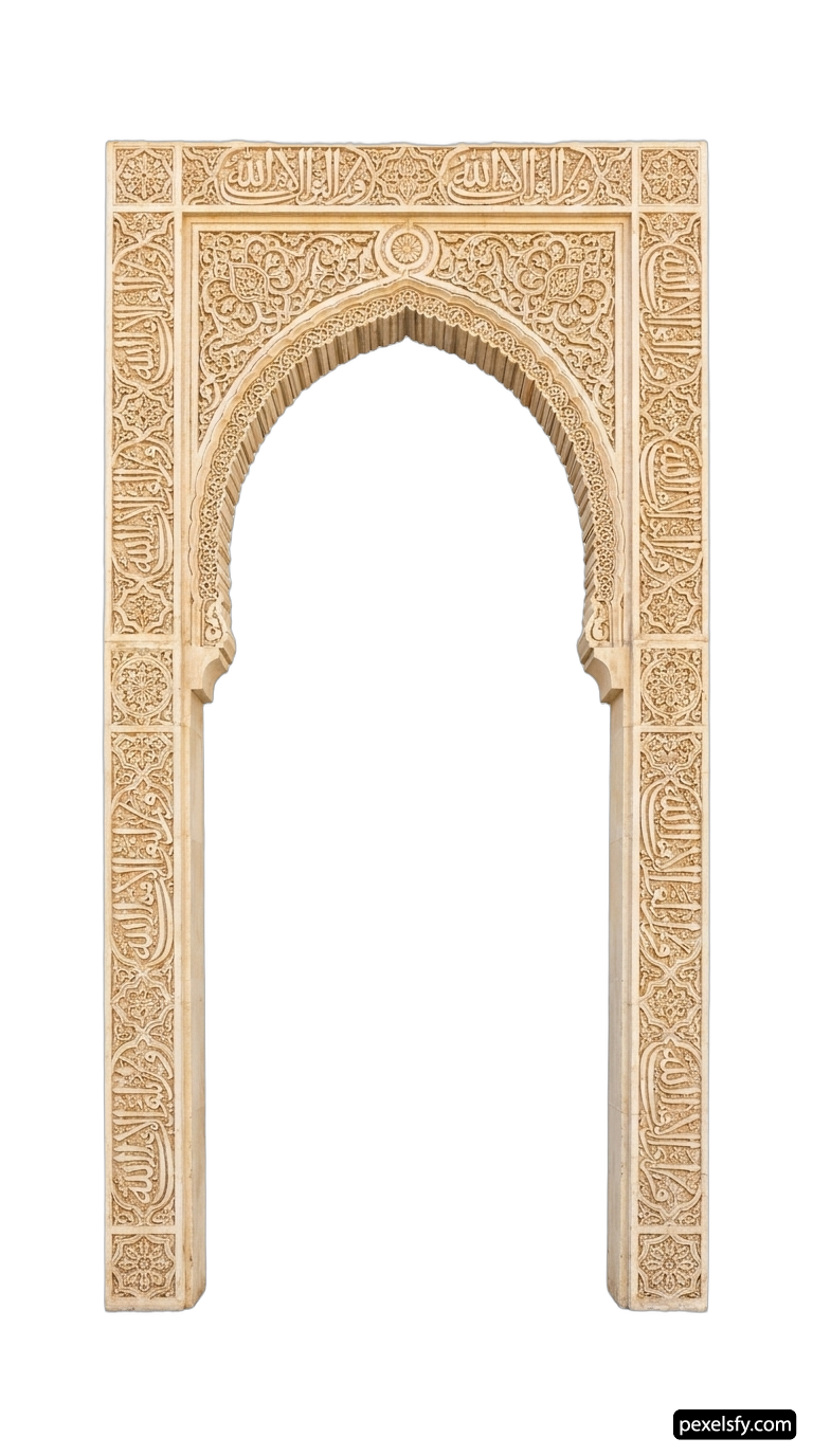 Carved wooden archway with arabic calligraphy on it png transparent background