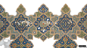 Close up of a blue and gold tile on a wall png transparent background
