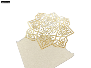 Close up of a white envelope with gold foil on it png transparent background