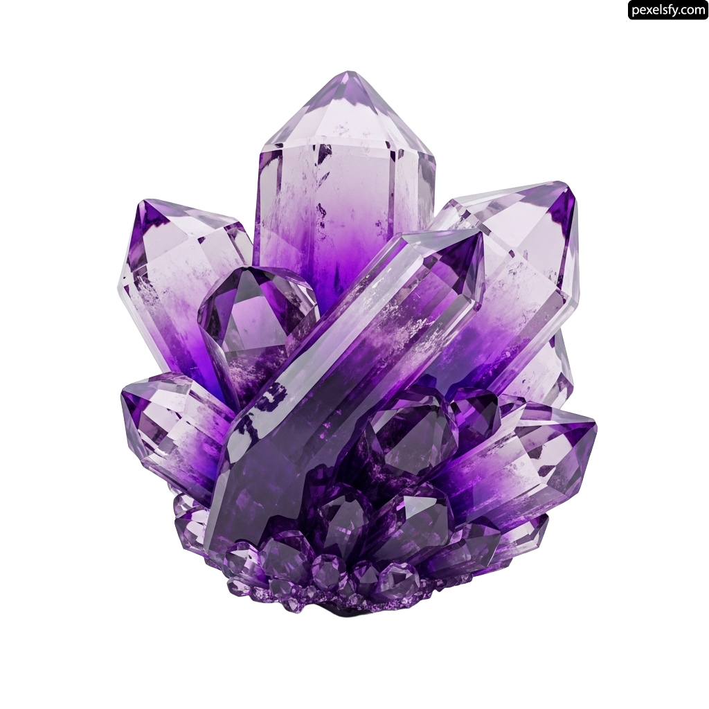 Cluster of amethyst crystals on a white background png transparent background