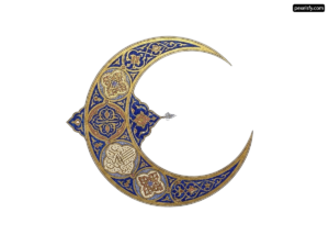 Crescent shaped brooch with a blue and gold design png transparent background