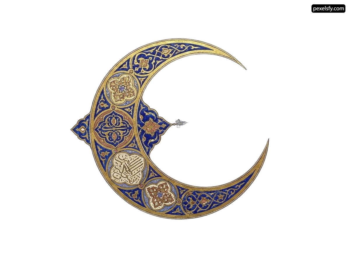 Crescent shaped brooch with a blue and gold design png transparent background