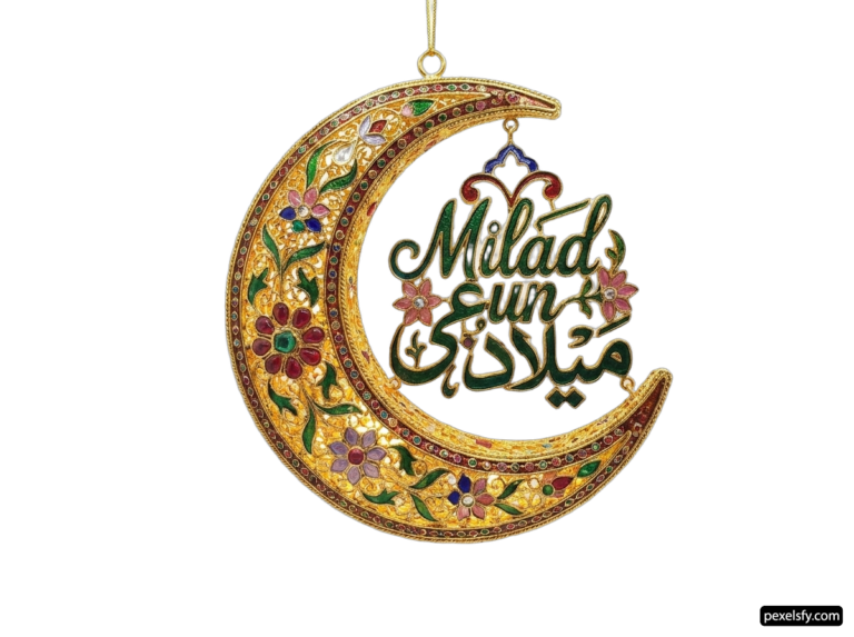 Crescent shaped ornament with the words Milad Sun written on it png transparent background