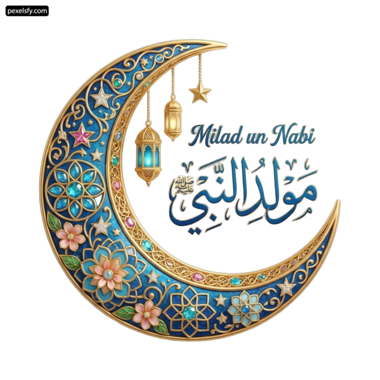 Crescent with arabic calligraphy and a lantern hanging from it png transparent background