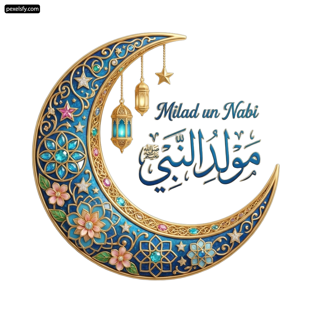 Crescent with arabic calligraphy and a lantern hanging from it png transparent background