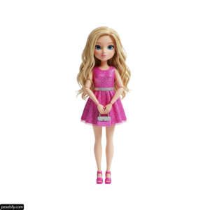 Doll with long blonde hair wearing a pink dress png transparent background