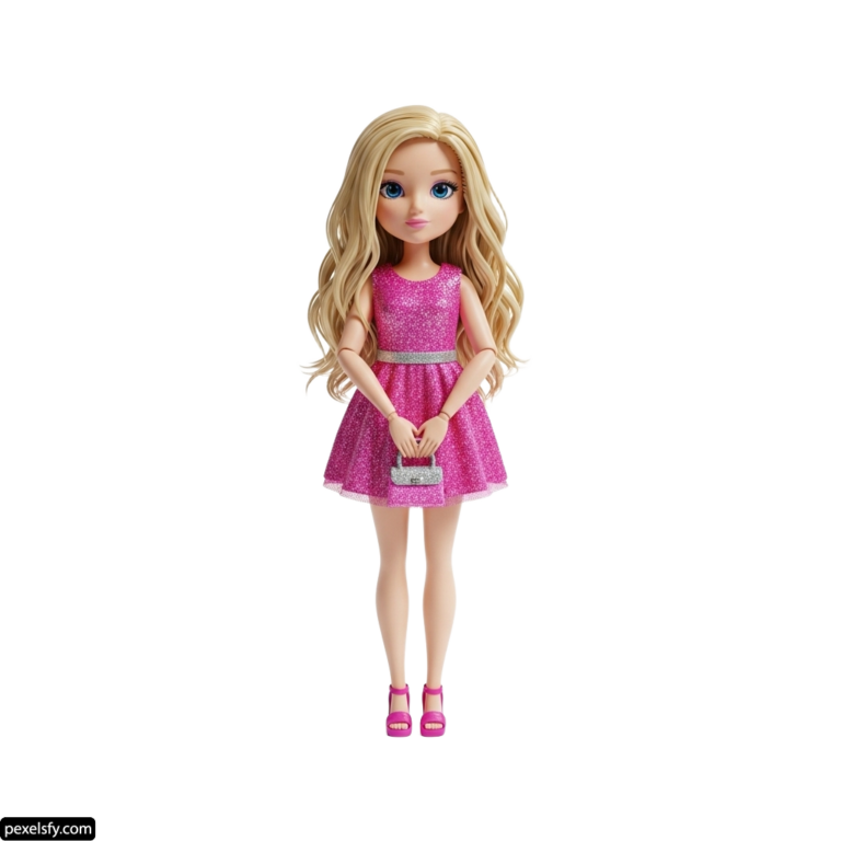 Doll with long blonde hair wearing a pink dress png transparent background
