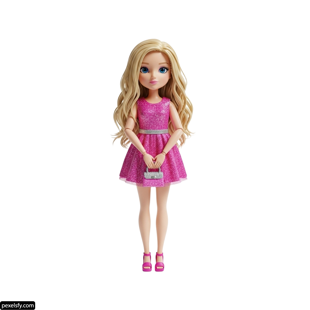 Doll with long blonde hair wearing a pink dress png transparent background