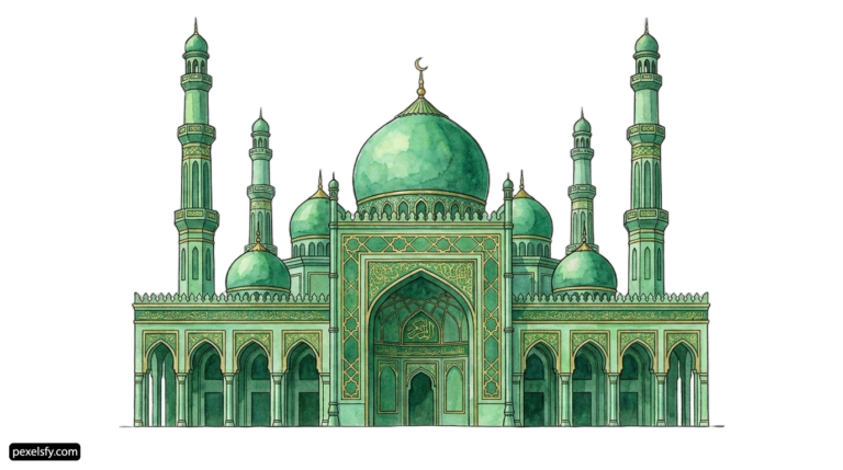 Drawing of a green mosque with a crescent on top png transparent background
